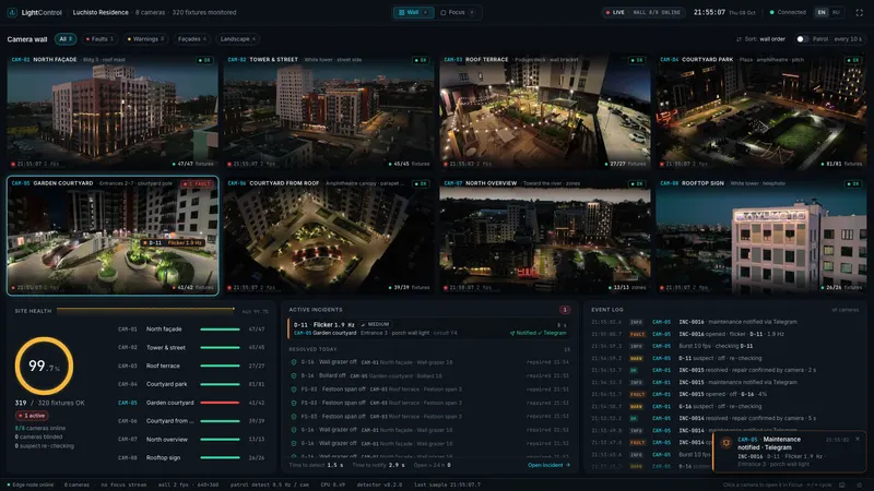 Видеостена LightControl: восемь ночных изображений с камер жилого комплекса со счётчиками светильников, состоянием объекта 99,7% и одним активным инцидентом с мерцанием.